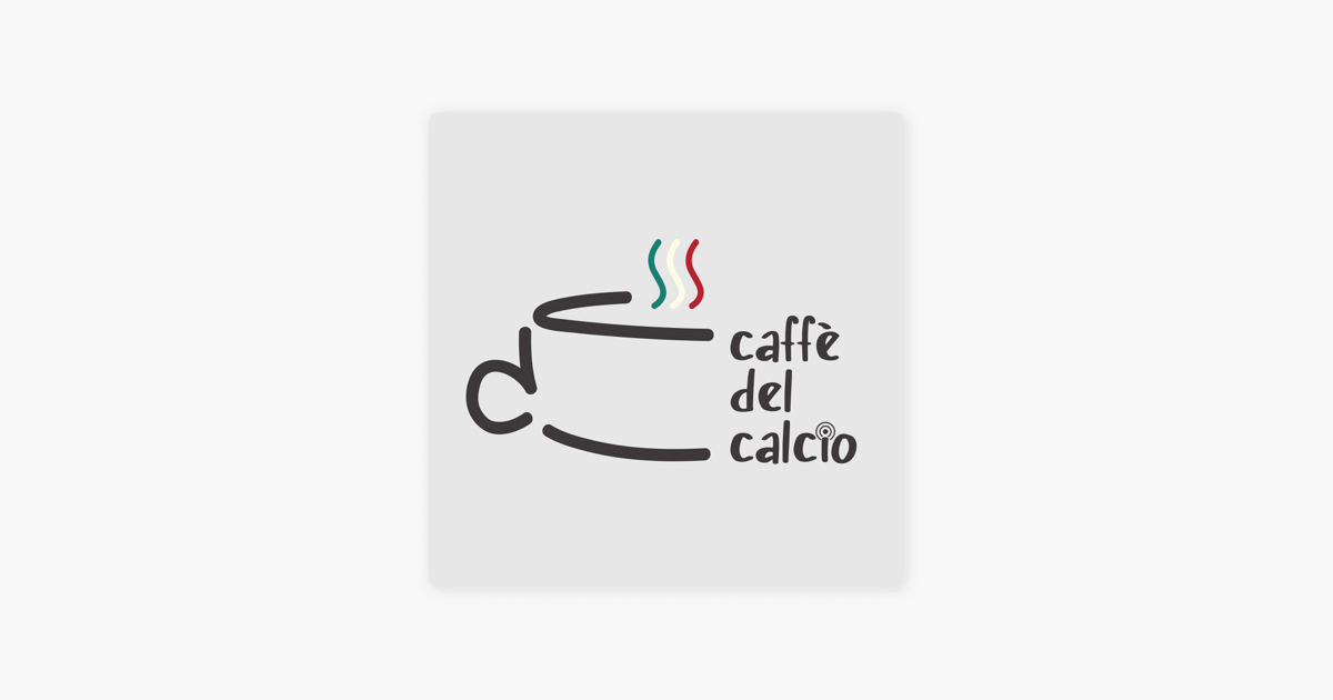 Logo podcast Caffe del Calcio dengan ilustrasi cangkir kopi dan uap berwarna senada dengan bendera Italia